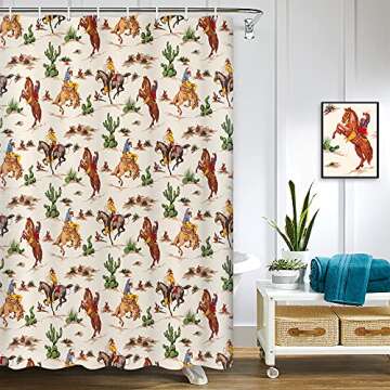 Vintage West Cowboy Shower Curtain, Wild West Cowboy Ride Horse and Desert Cactus Shower Curtain for...