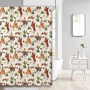 Vintage West Cowboy Shower Curtain, Wild West Cowboy Ride Horse and Desert Cactus Shower Curtain for Bathroom, Cloth Fabric Wild West Artistic Theme Bathroom 12PCS Hooks, 36X72IN