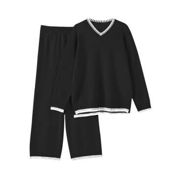 Cakulo Womens 2 Piece Outfits Sweater Lounge Sets 2024 Loungewear Knit Wide Leg Pants Matching Sweatsuit Set Black XL