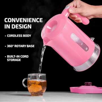 OVENTE Electric Kettle Hot Water Heater 1.8 Liter - BPA Free Fast Boiling Cordless Water Warmer - Auto Shut Off Instant Water Boiler for Coffee & Tea Pot - Pink KP413P