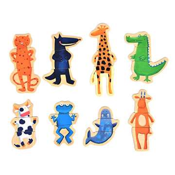 DJECO Crazy Animal Mix & Match Wooden Magnets - Cute Animal Toys for Toddlers - Fun & Creative Activ...