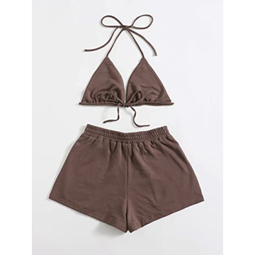 Verdusa Women's Stylish Halter Top Shorts Set Mocha Brown