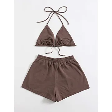 Verdusa Women's Stylish Halter Top Shorts Set Mocha Brown