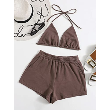 Verdusa Women's Stylish Halter Top Shorts Set Mocha Brown
