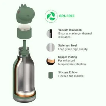 Asobu Bestie Bottle Insulated Stainless Steel Water Bottle with Detachable Soft Animal Head Fun Drinking for Kids and Teens with Flexible Reusable Straw 16 Ounce (Dinosaur)