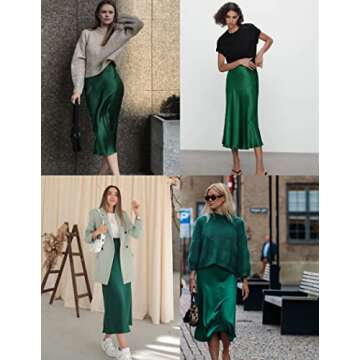 Zeagoo Plus Size Skirts for Women Silk Zipper Skirts Midi Causal Skirt Work S-XL Green