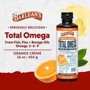 Barlean's Total Omega 3 Fish Oil Liquid Supplement, Orange Crème Flavored with Borage Oil and Flaxs...
