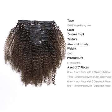 Anrosa Kinky Curly Clip in Hair Extensions - 3C 4A Afro Kinky Curly Natural Hair (12 inch, Ombre #1B...