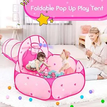 PigPigPen 3pc Kids Play Tent for Girls with Ball Pit, Crawl Tunnel, Princess Tents for Toddlers, Baby Space World Playhouse Toys, Boys Indoor& Outdoor Play House, Perfect Kid’s Gifts