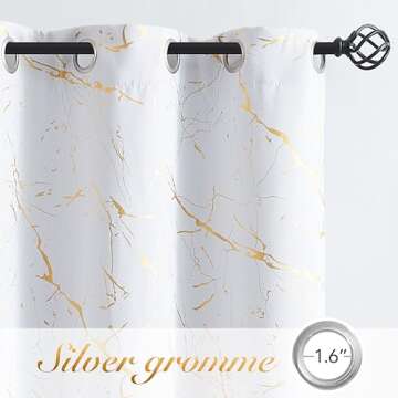 Metro Parlor Full Blackout Marble Metallic Curtains 96 Inches Long 2 Panels for Living Room Bedroom White Gold Patterned Room Darkening Thermal Insulated Grommet Top Window Treatment Drapes, 52x96