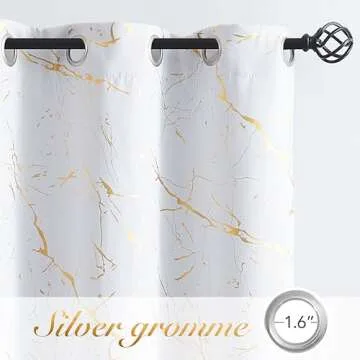 Metro Parlor Full Blackout Marble Metallic Curtains 96 Inches Long 2 Panels for Living Room Bedroom White Gold Patterned Room Darkening Thermal Insulated Grommet Top Window Treatment Drapes, 52x96