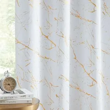 Metro Parlor Full Blackout Marble Metallic Curtains 96 Inches Long 2 Panels for Living Room Bedroom White Gold Patterned Room Darkening Thermal Insulated Grommet Top Window Treatment Drapes, 52x96