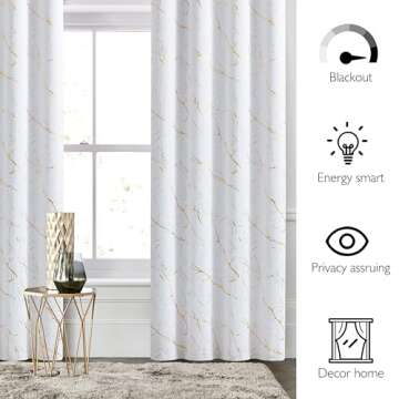 Metro Parlor Full Blackout Marble Metallic Curtains 96 Inches Long 2 Panels for Living Room Bedroom White Gold Patterned Room Darkening Thermal Insulated Grommet Top Window Treatment Drapes, 52x96