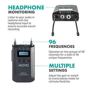 Movo WMX-20 48-Channel UHF Wireless Lavalier Microphone System with 1 Receiver, 1 Transmitter, and 1 Lapel Microphone Compatible with DSLR Cameras (330' ft Audio Range)