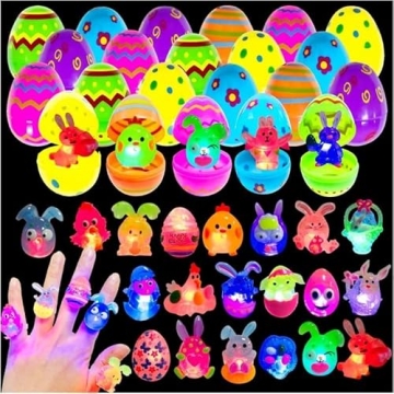 24 Pack Prefilled Easter Eggs with 3D Finger Lights Up Rings Toys Grow in the Dark Great for Kids Gi...