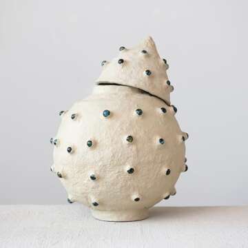 Creative Co-Op Organically Shaped Paper Mache Container with Lid and Marble Dot Design, Ivory Décor