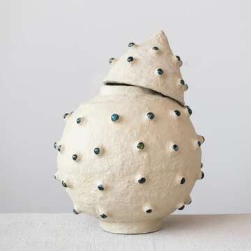 Creative Co-Op Organically Shaped Paper Mache Container with Lid and Marble Dot Design, Ivory Décor