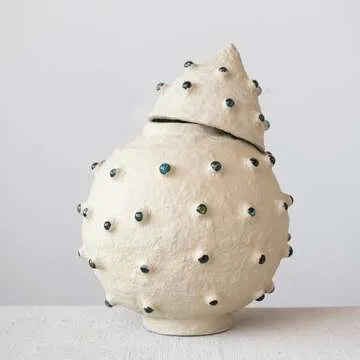 Creative Co-Op Organically Shaped Paper Mache Container with Lid and Marble Dot Design, Ivory Décor