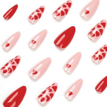 24Pcs Valentine’s Day Heart Press on Nails Medium Fake Nails Full Cover Red Hearts Glue on Nails A...