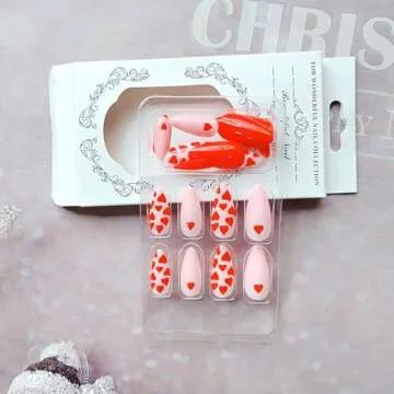 24Pcs Valentine’s Day Heart Press on Nails Medium Fake Nails Full Cover Red Hearts Glue on Nails Almond Red Pink Acrylic False Nails with Designs for Women Girls Valentine’s Day Nail Decorations