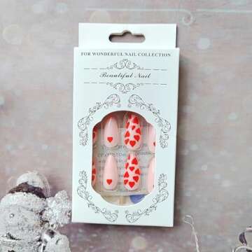 24Pcs Valentine’s Day Heart Press on Nails Medium Fake Nails Full Cover Red Hearts Glue on Nails Almond Red Pink Acrylic False Nails with Designs for Women Girls Valentine’s Day Nail Decorations