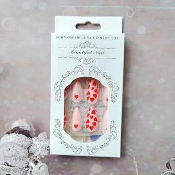 24Pcs Valentine’s Day Heart Press on Nails Medium Fake Nails Full Cover Red Hearts Glue on Nails Almond Red Pink Acrylic False Nails with Designs for Women Girls Valentine’s Day Nail Decorations