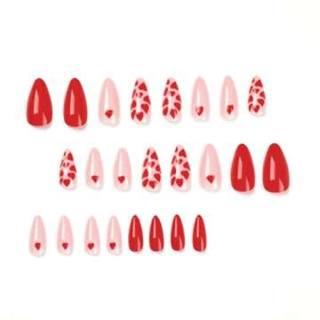 24Pcs Valentine’s Day Heart Press on Nails Medium Fake Nails Full Cover Red Hearts Glue on Nails Almond Red Pink Acrylic False Nails with Designs for Women Girls Valentine’s Day Nail Decorations