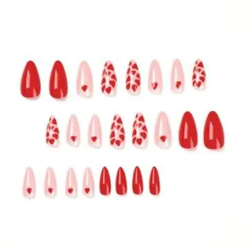 24Pcs Valentine’s Day Heart Press on Nails Medium Fake Nails Full Cover Red Hearts Glue on Nails Almond Red Pink Acrylic False Nails with Designs for Women Girls Valentine’s Day Nail Decorations
