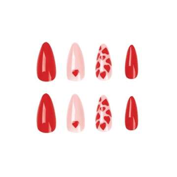 24Pcs Valentine’s Day Heart Press on Nails Medium Fake Nails Full Cover Red Hearts Glue on Nails Almond Red Pink Acrylic False Nails with Designs for Women Girls Valentine’s Day Nail Decorations