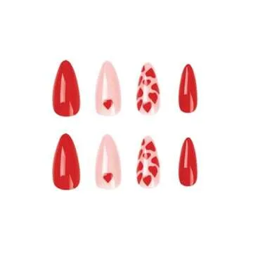 24Pcs Valentine’s Day Heart Press on Nails Medium Fake Nails Full Cover Red Hearts Glue on Nails Almond Red Pink Acrylic False Nails with Designs for Women Girls Valentine’s Day Nail Decorations