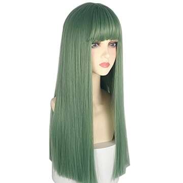 URCGTSA 22 Inches long Hair Wig for Women Green Synthetic Hair Natural Long Straight Wig With Bangs ...