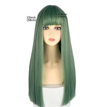 URCGTSA 22 Inches long Hair Wig for Women Green Synthetic Hair Natural Long Straight Wig With Bangs Party Cosplay Wig for Girl (Malachite Green)