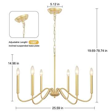 QAREHL Gold Dining Chandelier Modern Farmhouse 6 Light Gold Light Fixture Industrial Candlestick Pendant Lighting Rustic Hanging Lamp for Kitchen Island Living Room Hallway Entryway Foyer