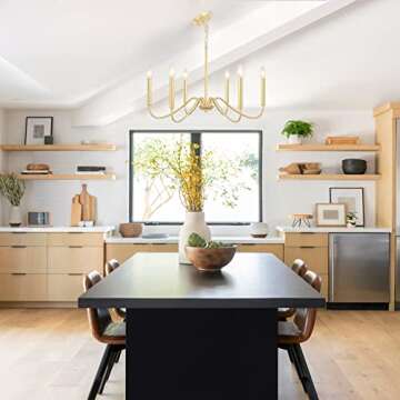 QAREHL Gold Dining Chandelier Modern Farmhouse 6 Light Gold Light Fixture Industrial Candlestick Pendant Lighting Rustic Hanging Lamp for Kitchen Island Living Room Hallway Entryway Foyer