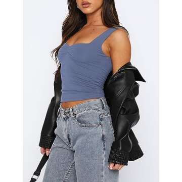 ForeFair Women Sleeveless Sexy Backless Going Out Crop Top Y2K Strappy Ruched Tank Top Summer Tight Slim Fit Cute Tops(S,GrayBlue)