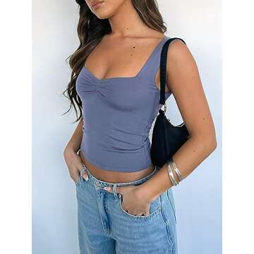 ForeFair Women Sleeveless Sexy Backless Going Out Crop Top Y2K Strappy Ruched Tank Top Summer Tight Slim Fit Cute Tops(S,GrayBlue)