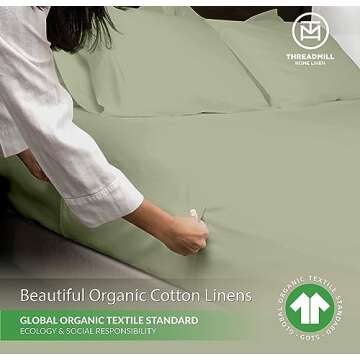 Threadmill Luxury Organic Cotton Sheets - GOTS Certified 4 Piece King Sage Green Percale Sheets Set,...
