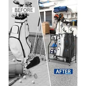 Mythinglogic Golf Storage Garage Organizer,2 Golf Bag Storage Stand and Other Golfing Equipment Rack & 4 Removable Hooks, Extra Large Design for Golf Clubs Accessories