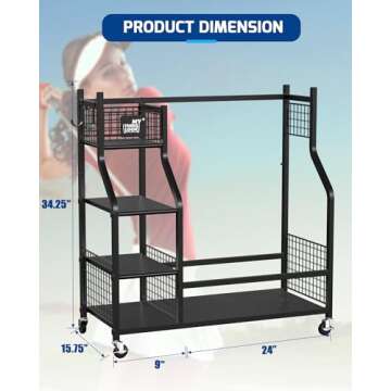 Mythinglogic Golf Storage Garage Organizer,2 Golf Bag Storage Stand and Other Golfing Equipment Rack & 4 Removable Hooks, Extra Large Design for Golf Clubs Accessories