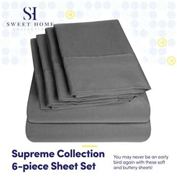 Bed Sheets Queen Size Grey - 6 Piece 1500 Supreme Collection Fine Brushed Microfiber Deep Pocket Que...
