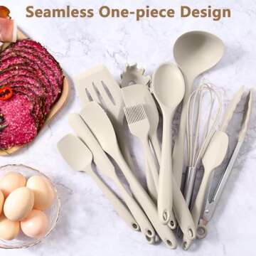 LIANYU 14 Pcs Kitchen Utensils Set with Holder, Silicone Cooking Utensils Spatula Set, Heat Resistant Cookware Tools Includes Spoon Turner Whisk Tong, Dishwasher safe, Khaki