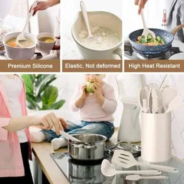 LIANYU 14 Pcs Kitchen Utensils Set with Holder, Silicone Cooking Utensils Spatula Set, Heat Resistant Cookware Tools Includes Spoon Turner Whisk Tong, Dishwasher safe, Khaki