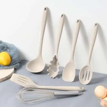 LIANYU 14 Pcs Kitchen Utensils Set with Holder, Silicone Cooking Utensils Spatula Set, Heat Resistant Cookware Tools Includes Spoon Turner Whisk Tong, Dishwasher safe, Khaki