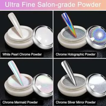 Chrome Nail Powder for Women - White Pearl Chrome Nail Powder, Aurora Mermaid Iridescent Nail Powder, Holographic Unicorn Rainbow Nail Powder,Sliver Metallic Mirror Effect Nail Glitter Manicure