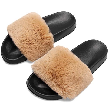 Spesoul Womens Fuzzy Slides Open Toe Furry Slide Slippers Indoor Outdoor Slides Sandals Casual Flat ...
