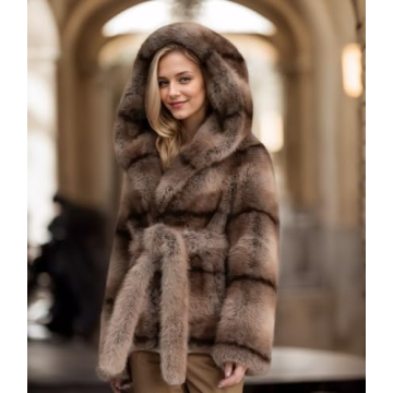 DJBM Striped Faux Fur Coat - Warm Stylish Hooded Design