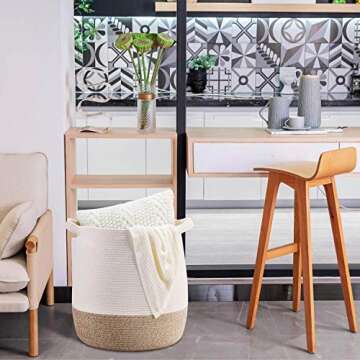 MINTWOOD Design Large 17 x 17 Inches Decorative Woven Cotton Rope Blanket Basket for Living Room, La...