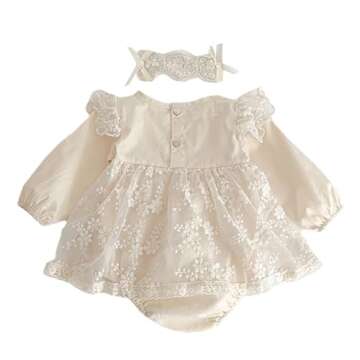 YEAHDOR Infant Baby Girls Boho Lace Romper Princess Dress Ruffle Long Sleeve Floral Bodysuit Birthda...