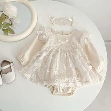 YEAHDOR Infant Baby Girls Boho Lace Romper Princess Dress Ruffle Long Sleeve Floral Bodysuit Birthday Clothes Beige 9-12 Months