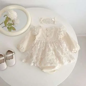 YEAHDOR Infant Baby Girls Boho Lace Romper Princess Dress Ruffle Long Sleeve Floral Bodysuit Birthday Clothes Beige 9-12 Months